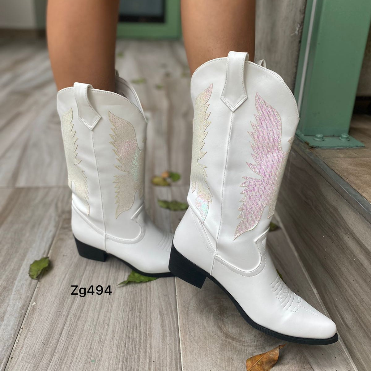 Bota texana blanco detalles tornasol tacon 4cm CYM038 C-T